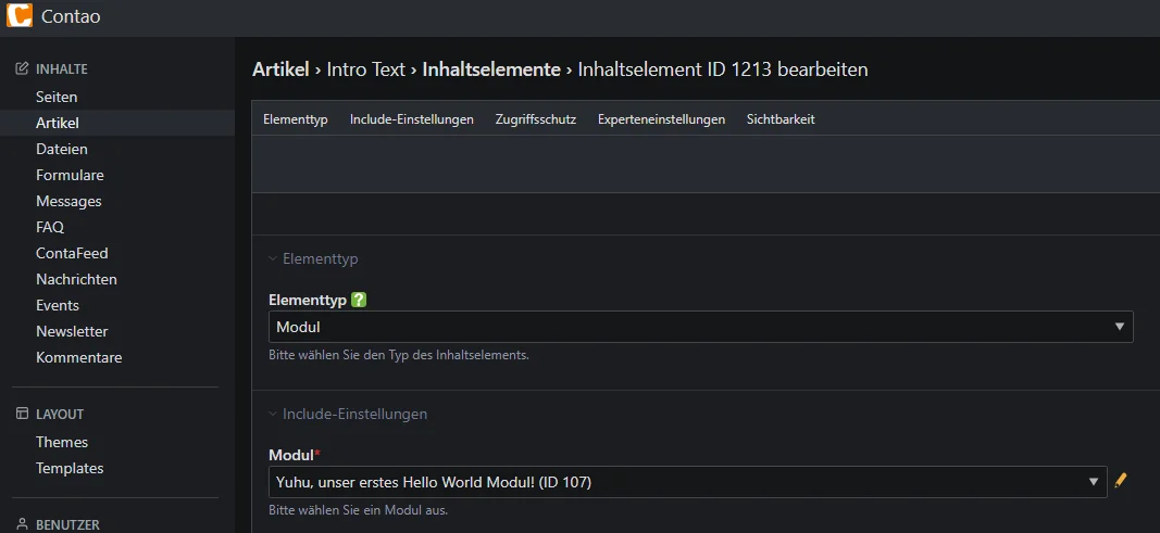 Assigning the frontend module to an article in the Contao backend